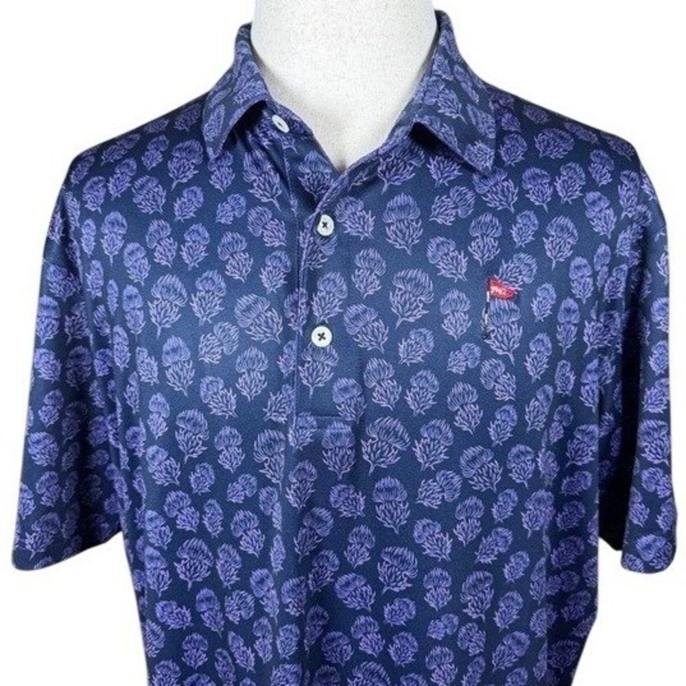 Dunning Golf Mens XL Thistle Print Performance Polo Shirt Navy Purple Stretch
